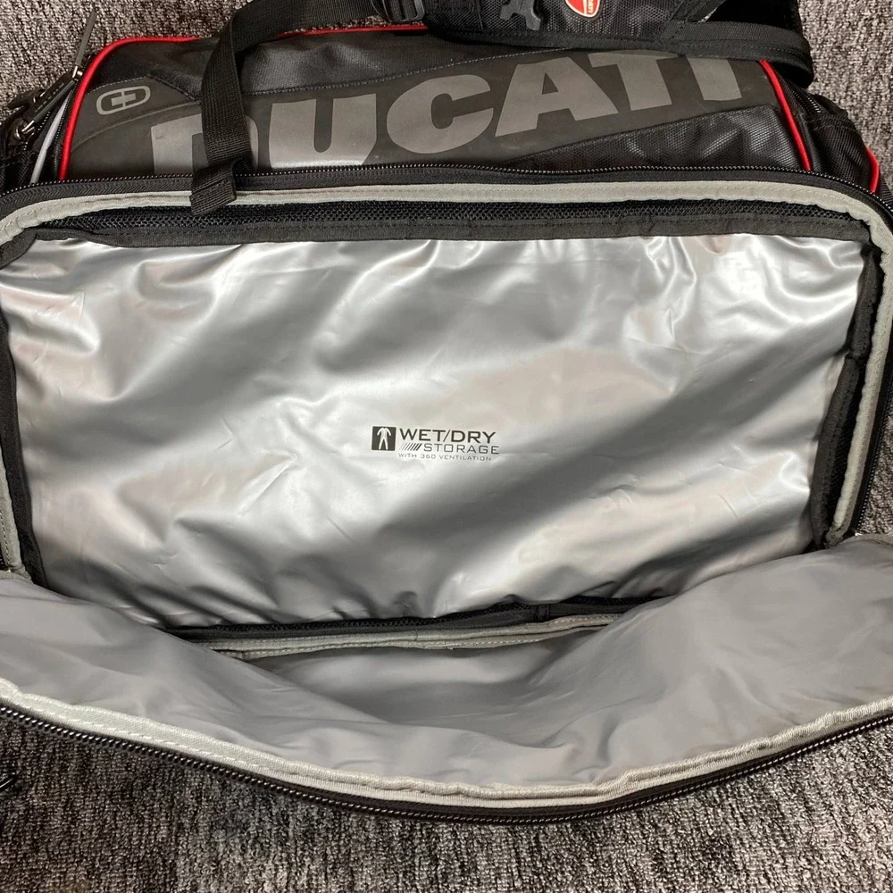 OGIO Ducati Moto Duffle Bag Wet Dry Shoe Storage Black Red Motorcycle Track Gear
